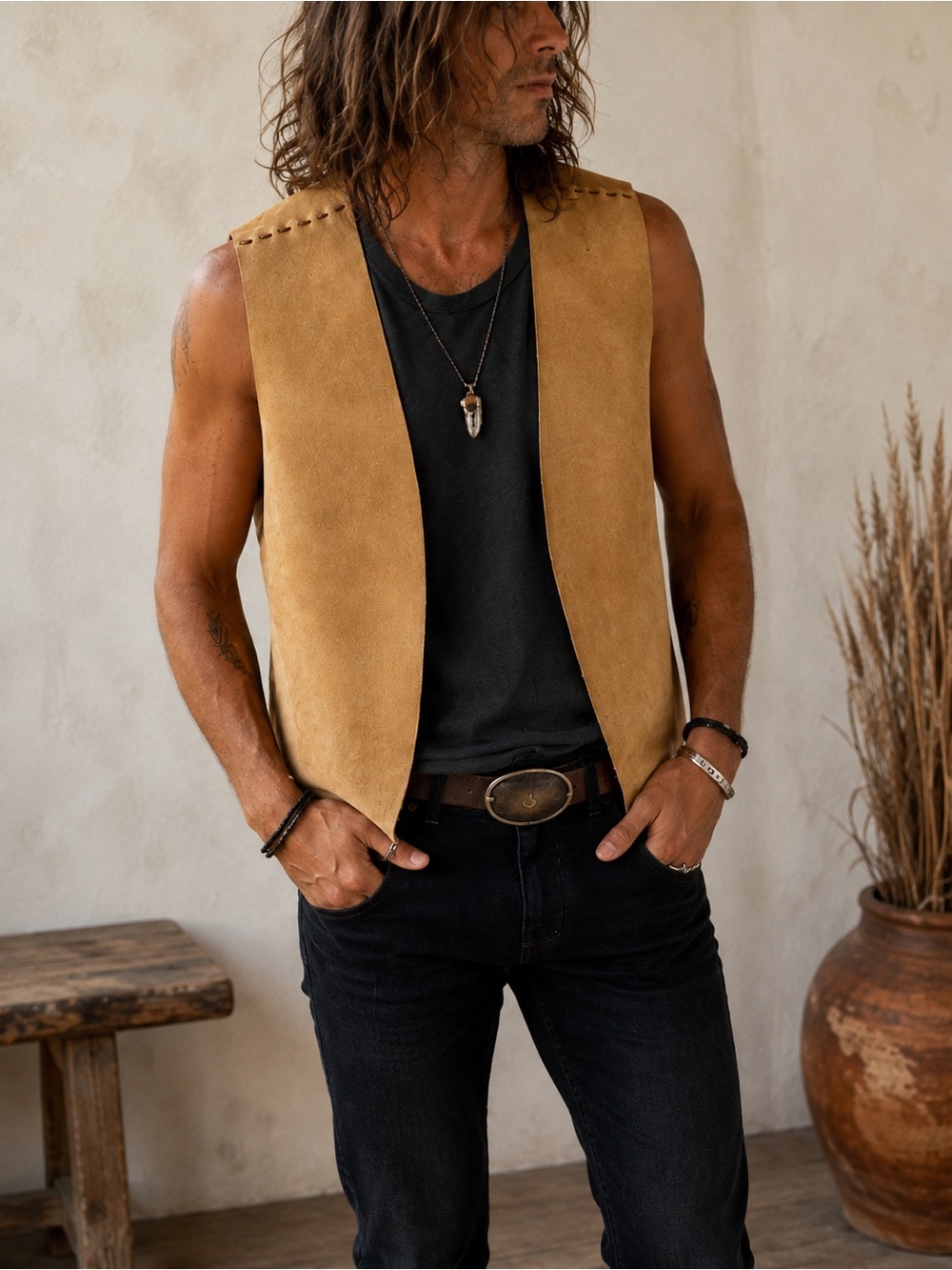 Vintage 70s Suede Leather Vest Hand Laced Western Hippie Boho L